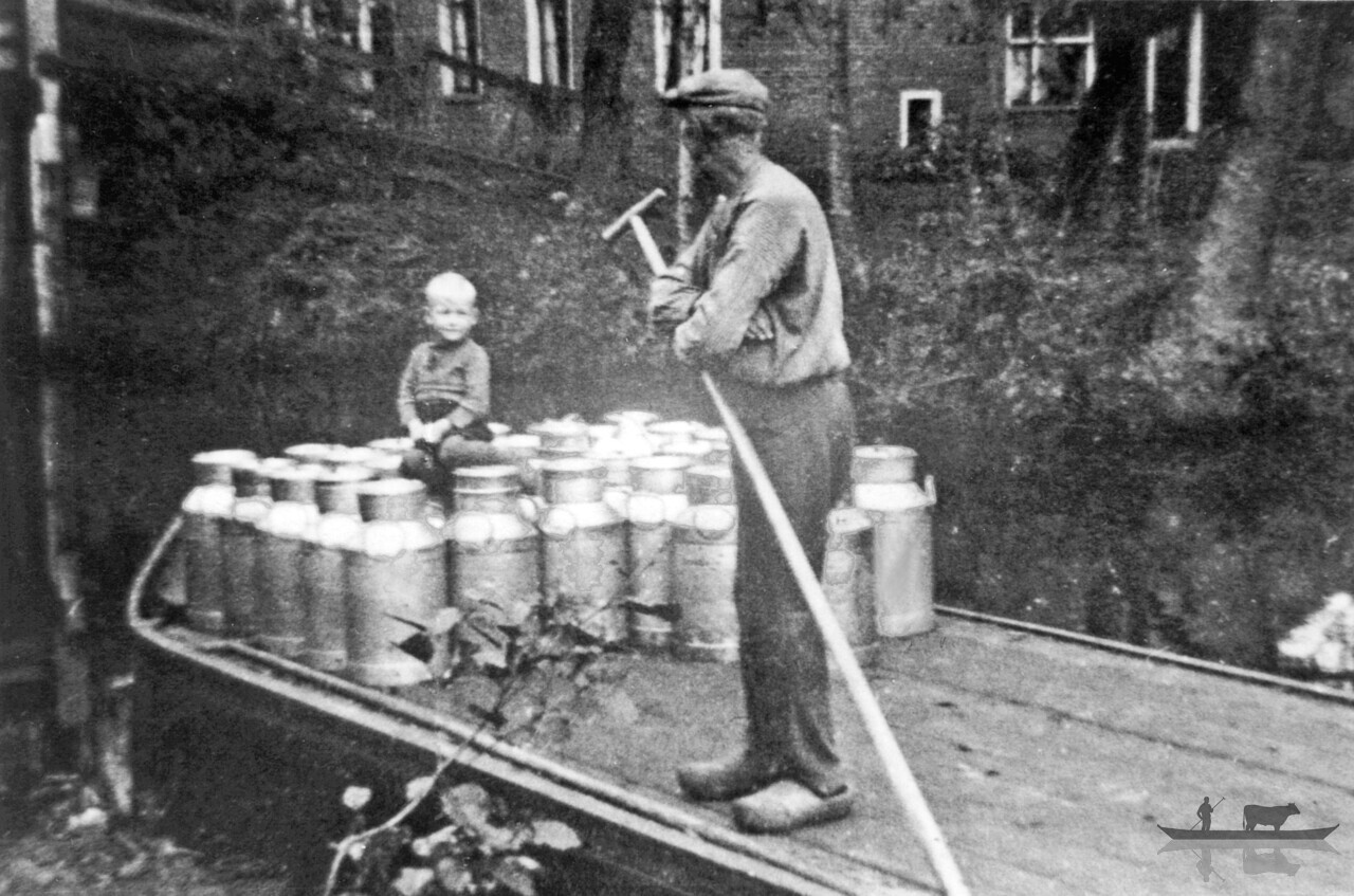 Milk transport on punt boat with boy seating in the boat. 